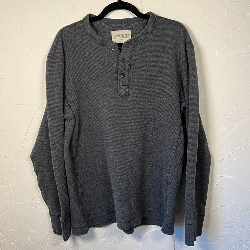 Eddie Bauer Charcoal‎ Waffle Knit Henley Thermal Long Sleeve TXL Outdoorsy Cozy